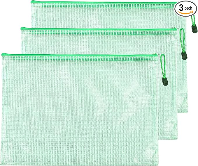 3 Pcs 13.39" x 9.45" A4 Sizes Mesh Zipper Pouch Bags, Mesh Bags with Zipper，Waterproof Clear Document Pouch for Organization Puzzles Travel, Office, Classroom Organization, A4 Green