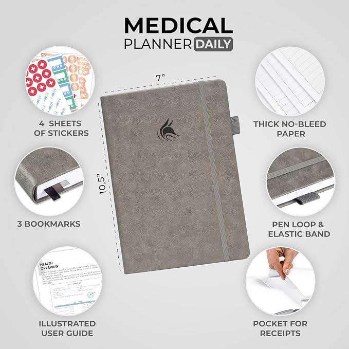 Clever Fox Medical Planner Daily – Health Diary Notebook, Wellness Journal & Self-Care Logbook, Lasts 3 Months, 7x10.5″ (Gray)