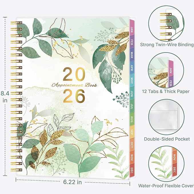 2026 Appointment Book, 30 Minutes-Hourly, Weekly ＆ Monthly Calendar Planner 2026, Jan 2026 - Dec 2026, 6.2'' x 8.4'', 2026 Daily Planner with Tabs ＆Pocket, Flexible Cover, Great for Office, Home, School