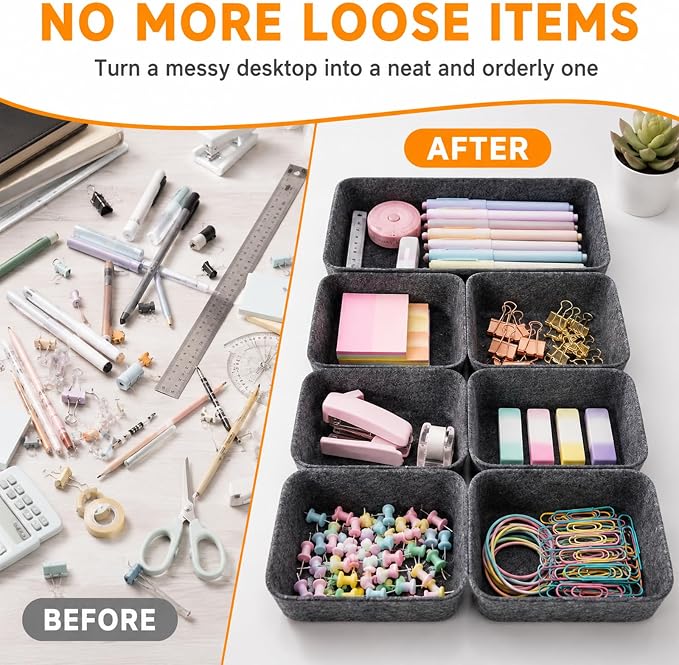 7 Pack Drawer Organizer Compatible with Ikea Alex Drawer Unit, Felt Desk and Makeup Drawer Organizers, Soft Storage Bins for Office, Vanity, Bedroom, and Dresser Shallow Drawers