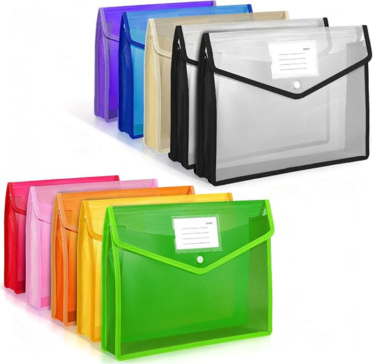 10 Pack Plastic Expanding File Folder, Waterproof Transparent Expandable File Folder, Transparent Files Folders for Documents with Snap Closure, Large Capacity, Fit Legal/B4 Size, 9 Colors