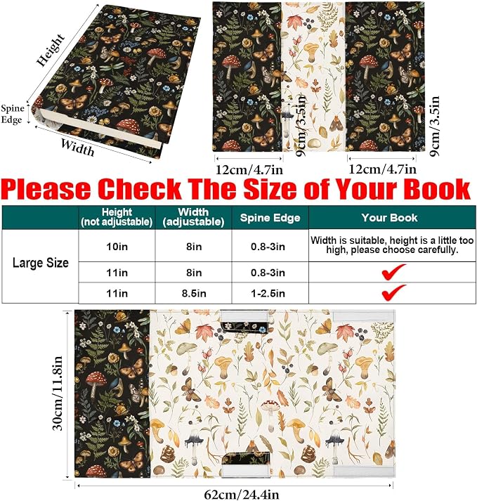Boho Butterfly Mushroom Book Cover for Hardcover Paperback,Adjustable Soft Canvas Fabric Book Protector with Pocket Bookmark,Double Side Floral Print Book Dust Jacket Covers for Book Lovers Gift L