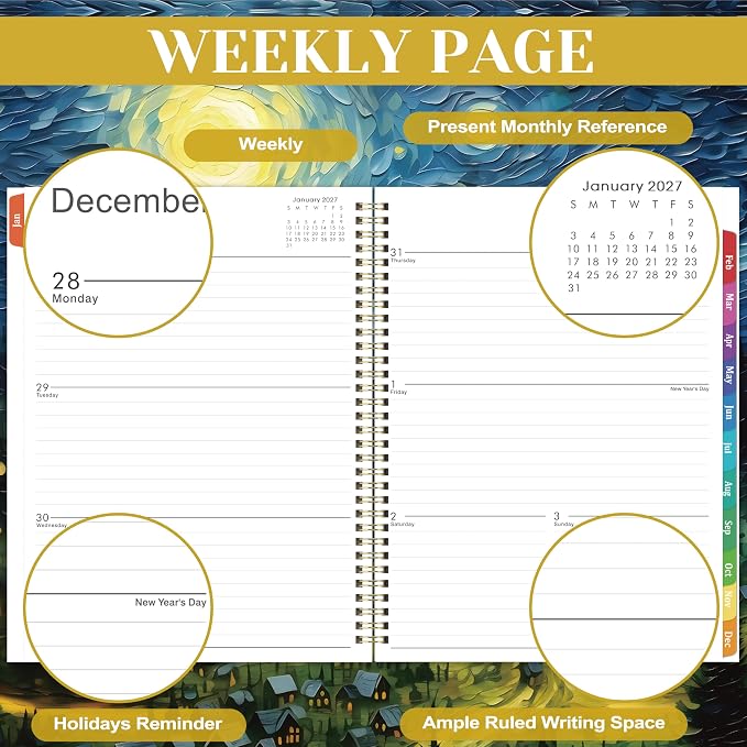 2027 Planner - 2027 Planner Weekly and Monthly, Planner 2027, Jan 2027 - Dec 2027, 8.5" x 11", Monthly Planners with Colourful Tabs & Pocket, Flexible Cover, Twin-Wire Binding- Oil Painting