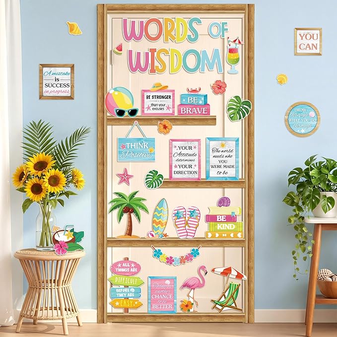 Mooliwe 57 Pcs Summer Bulletin Board Set Tropical Hawaii Inspirational Classroom Decoration Plant Surfboard Cutout for School Office Chalkboard Door Wall Decor
