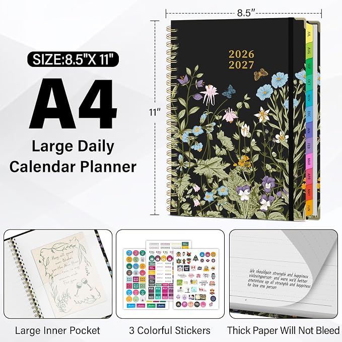 Planner 2026-2027, A4 Hardcover Weekly and Monthly Calendar Planner from July 2026 - June 2027, 8.5" x 11" Daily Agenda with Monthly Tabs, Spiral Bound, Inner Pocket, Cute Journal Organizer Notebook for Office School-Wild Flower