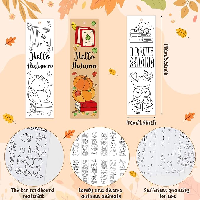 ANGOLIO Fall Animal Coloring Bookmarks - 123Pcs Autumn Animals Color Your Own Bookmarks for Kids, Squirrels Hedgehogs Blank DIY Art Crafts for Classroom Party Favors Reading Rewards Goodie Bag Fillers
