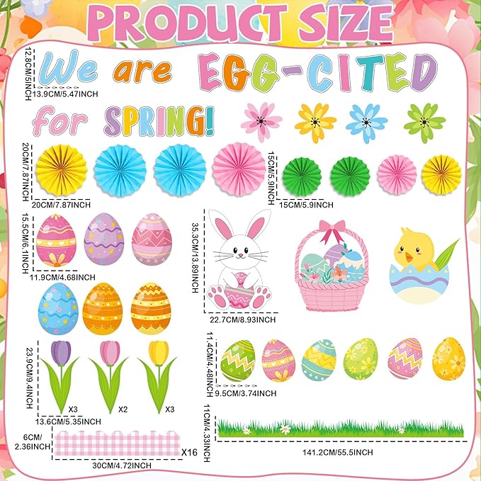 Easter Spring Bulletin Board Decorations Set Easter Bunny Egg Classroom Decorations with 3D Paper Fans We are Egg Cited for Spring Floral Peeps Cutouts for School Church Office Chalkboard Wall Decor