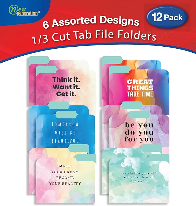 Decorative File Folders 1/3 Cut Tab, 12 Pack 6 Design, Heavyweight Laminated Letter Size (9.5” x 11.5”), Stylish Fashion File Folders for Home, Office & School Organization (Water Color)