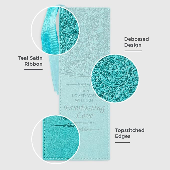 Christian Art Gifts Premium Vegan Leather Scripture Bookmark for Men & Women: Everlasting Love - Jeremiah 31:3 Inspirational Bible Verse, Heat-Debossed, Faith-Based Reading Accessory w/Tassel, Teal