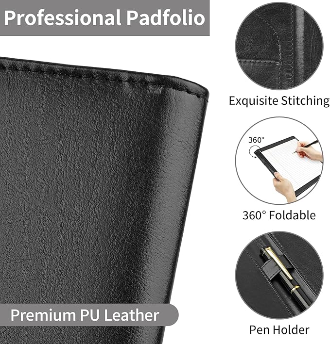 MOWPOG Professional Padfolio Portfolio Binder, Faux Leather Interview Resume Folder, Letter Size A4 Legal Writing Pad Holder, Document Organizer for Business School Office Conference (Black)