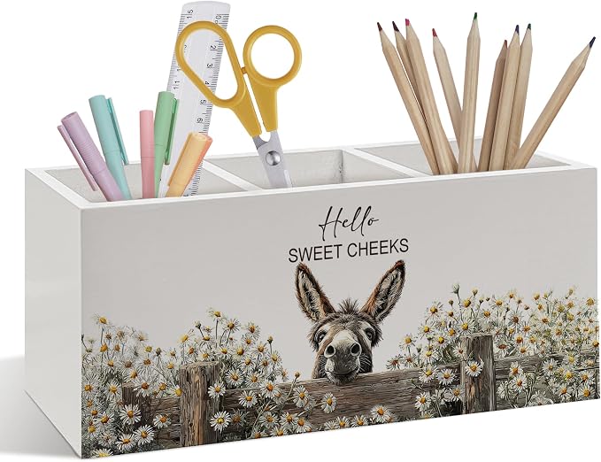 Farmhouse Donkey Pen Pencil Holder, Donkey Accessories Gifts for Women Men, Funny Hello Sweet Cheeks Bathroom Sign Wooden Pen Pencil Organizer for Home Bedroom Bathroom Desk Decor