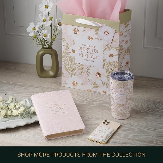 Christian Art Gifts Pink Floral Faux Leather Encouraging Scripture Bookmark for Women: Bless You & Keep You Golden Inspirational Bible Verse, Cute Satin Ribbon Markers for Reading, Marking Book Pages