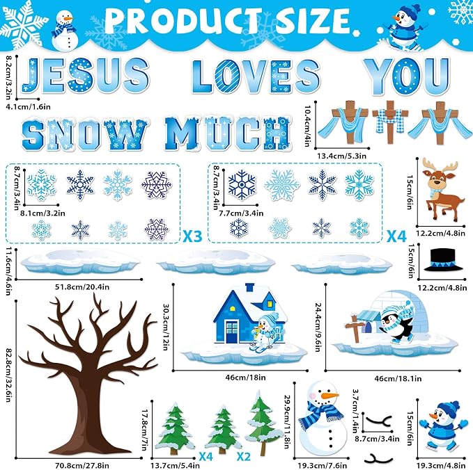 gisgfim Winter Bulletin Board Decorations Winter Snowflakes Snowman Tree Paper Cutouts Christmas Christian Bulletin Board Cutouts for Classroom Religious School Door Christmas Home Wall Decor Supplies
