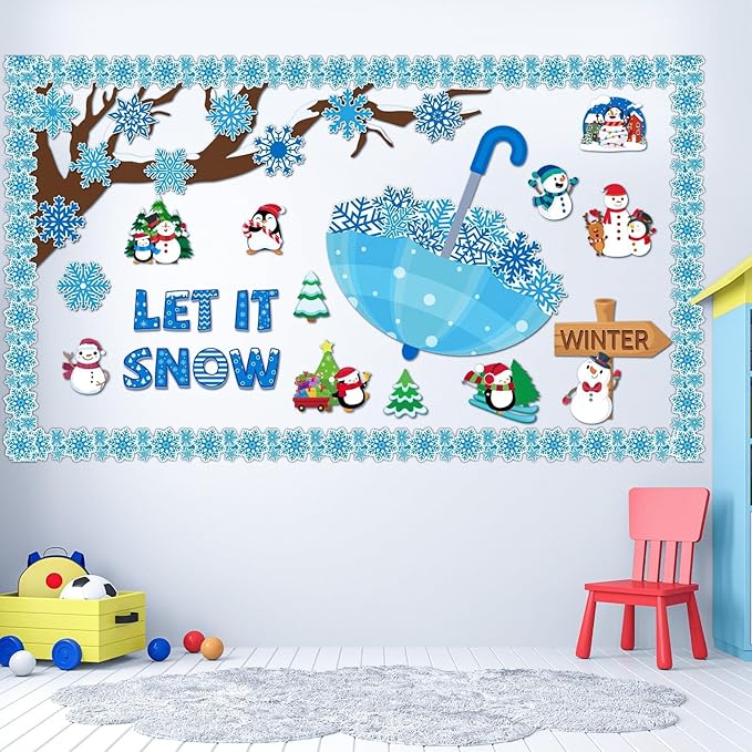 153 Pcs Winter Bulletin Board Decorations Set Let It Snow Classroom Tree Snowflake Cutouts with Borders Glue Points for School Classroom Christmas Bulletin Board Blackboard Chalkboard Decor
