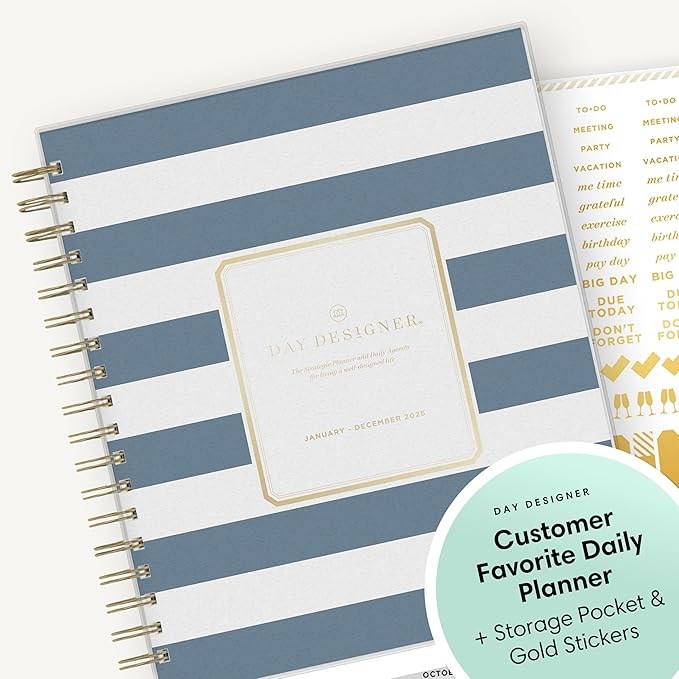 Blue Sky Day Designer 2026 Daily and Monthly Planner Calendar, January 2026 - December 2026, 8" x 10", Flexible Cover, Laminated Tabs, Includes Storage Pocket, Stickers, Rugby Stripe Navy