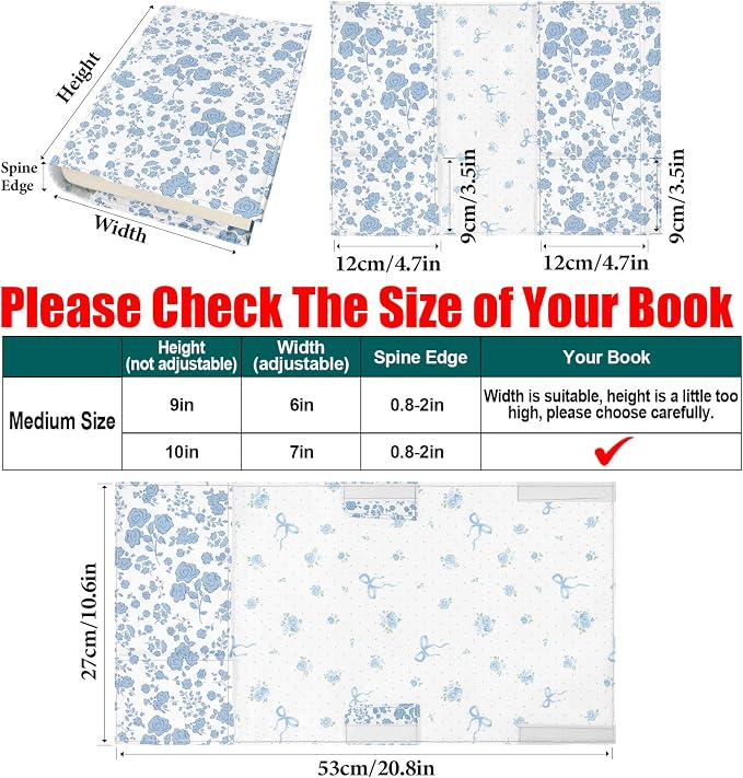 Blue Floral Paperback Book Cover Protector,Washable Soft Canvas Fabric Book Covers with Bookmark,Adjustable Double Side Print Book Dust Jacket Covers for Hardcover Novel Book Lovers Gift