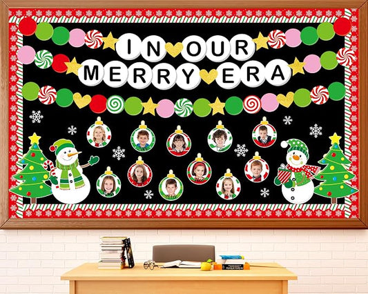 Christmas Era Bulletin Board Set Christmas Ball Friendship Bracelet Classroom Decoration DIY Photo Crafts Xmas Tree Bulletin Board Snowflake Snowman Cutouts for Winter Holiday Chalkboard Wall Decor