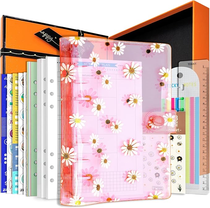A6 A5 6-Holes Colorful PVC Cover Personal Organizer with Snap Button Closure File Folder for Loose Leaf Sheet Notebook (Pink Daisy, A5 Gift Box)