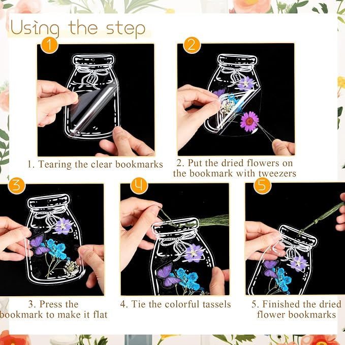 TaoBary 152 Pcs DIY Transparent Dried Flower Bookmark Set Handmade DIY Bookmarks with Dried Pressed Flowers Leaves Butterfly Stickers Colorful Tassels and Tweezers for Reader Writer(Rainbow Color)