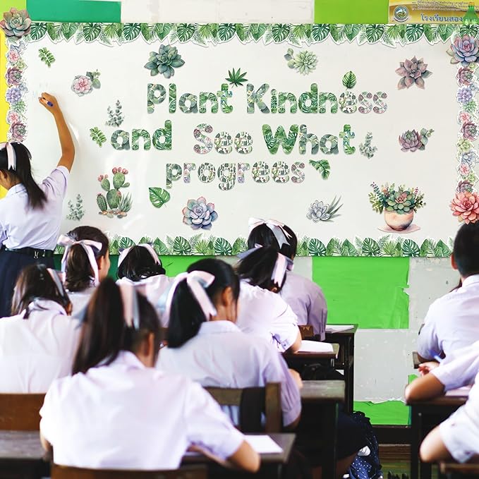 Kosiz Plant Bulletin Board Decoration Set 118 ft Scalloped Bulletin Board Borders Classroom Poster Border Trim with 257 Pcs Letter Number Symbol Cutout for School Decor