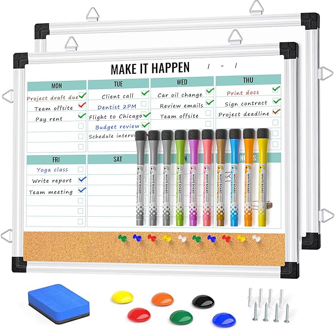 Marsrock Weekly Dry Erase Board and Cork Board Combo for Wall, 17"x13" Reversible Hanging Dry Erase Board, Double Sided White Board with Aluminum Frame for Planning, Office, Kitchen, School, Home
