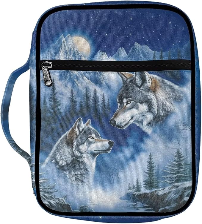 Suobstales Wolf Mountain Forst Moon Print Bible Covers for Women Men Lightweight Bible Bag Bible Accessories with Handle and Zippered Pocket Bible Tote Bag for Kids