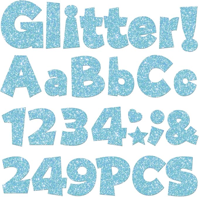 249 Pcs Glitter Bulletin Board Letters Numbers and Punctuation, 4 Inch Alphabet Poster Board Cardboard Letter Cutouts with Adhesive Dots for Classroom Bulletin Board School Decorations (Light Blue)