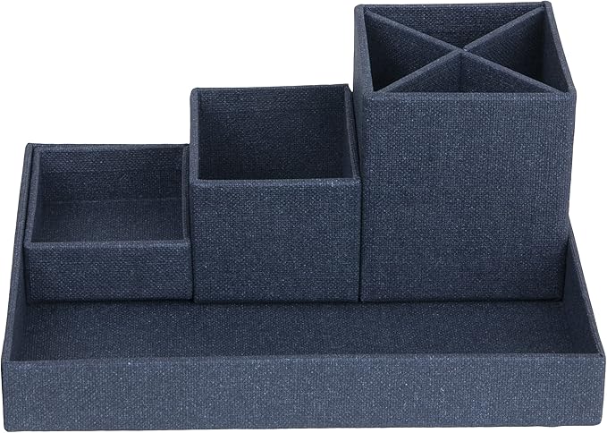 Bigso Box of Sweden Desk Storage Organiser for Stationery - Pen Holder with 4 Compartments for Various Office Items - Fibreboard and Paper Stationery Storage - Blue