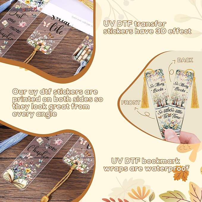 UV DTF Bookmark Wraps - 24 Sheets Vintage Reading Books UVDTF Decals for Acrylic Bookmark Blanks, Flower Cat Double-Sided Printing Rub on Transfer Stickers for Book Lover DIY Crafts Gift