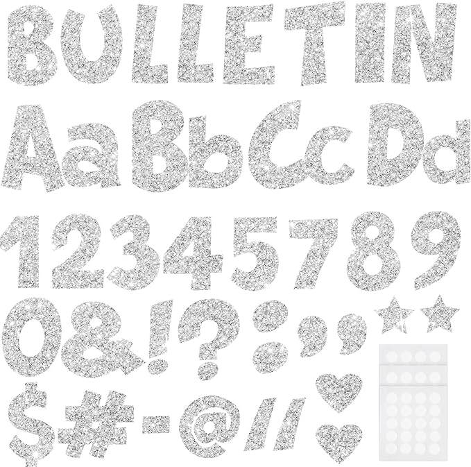 233Pcs Glitter Bulletin Board Letters, Numbers and Punctuation, with Adhesive Dots, for Classroom Numbers Alphabet Poster Board Letters Display School Decoration (Silver)