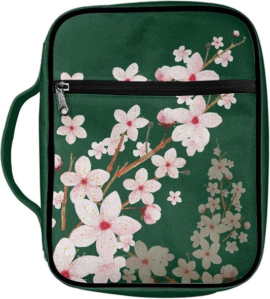 Coldinair Cherry Blossoms Print Bible Covers for Women,Cute Carrying Book Case Church Bag Bible Protector with Handle and Zipper Pocket,Green