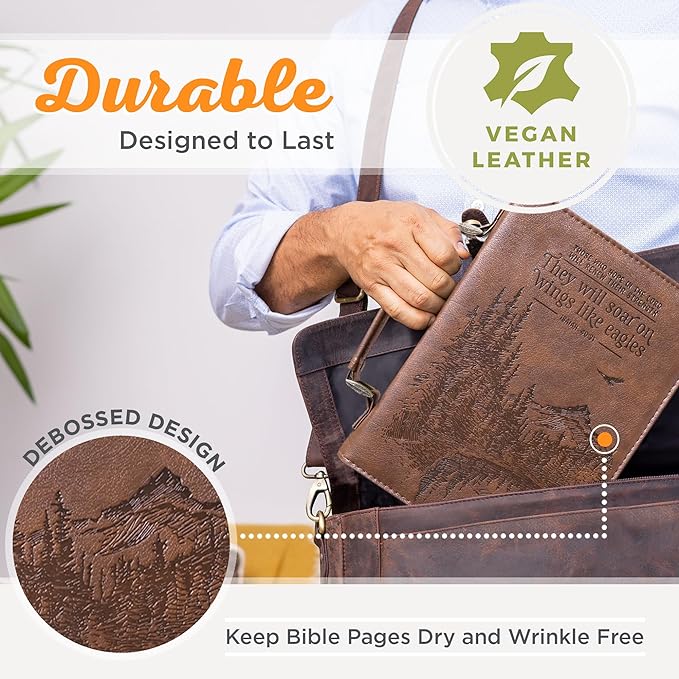 Christian Art Gifts Men's Classic Bible Cover On Wings Like Eagles Mountain Isaiah 40:31, Brown Faux Leather, Large