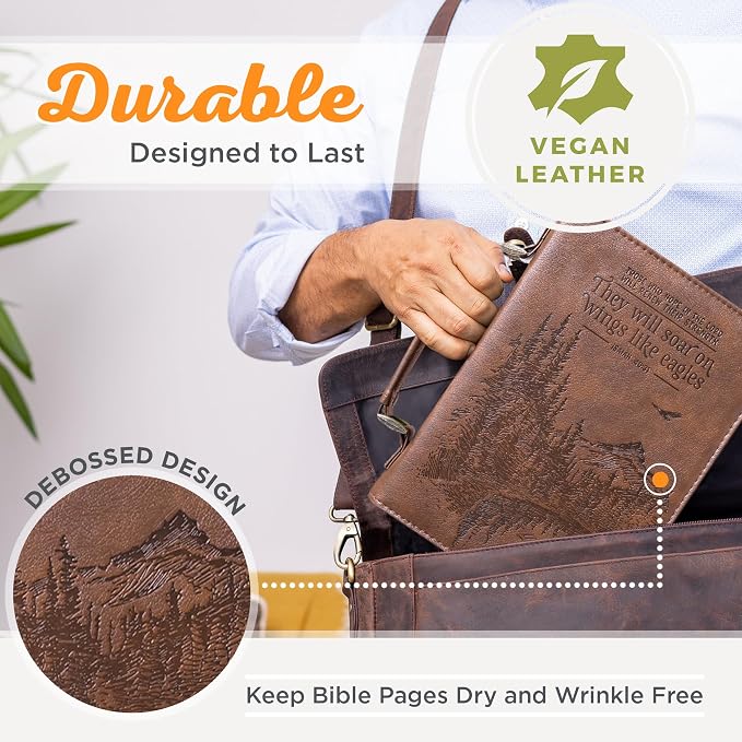 Christian Art Gifts Men's Classic Bible Cover On Wings Like Eagles Mountain Isaiah 40:31, Brown Faux Leather, XL