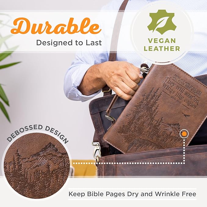 Christian Art Gifts Men's Classic Bible Cover On Wings Like Eagles Mountain Isaiah 40:31, Brown Faux Leather, Large