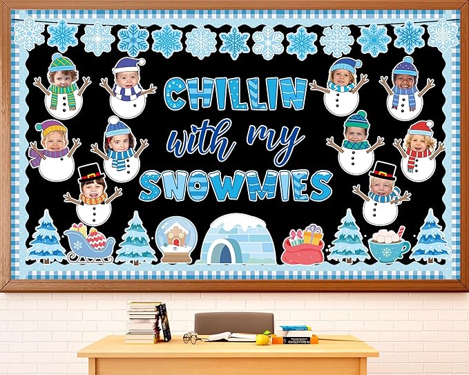 Winter Bulletin Board Decoration Set Christmas Snowman Classroom Decoration Chillin with My Snowmies DIY Photo Bulletin Board Tree Snowflake Cutouts for Holiday Party School Home Chalkboard Wall Decor