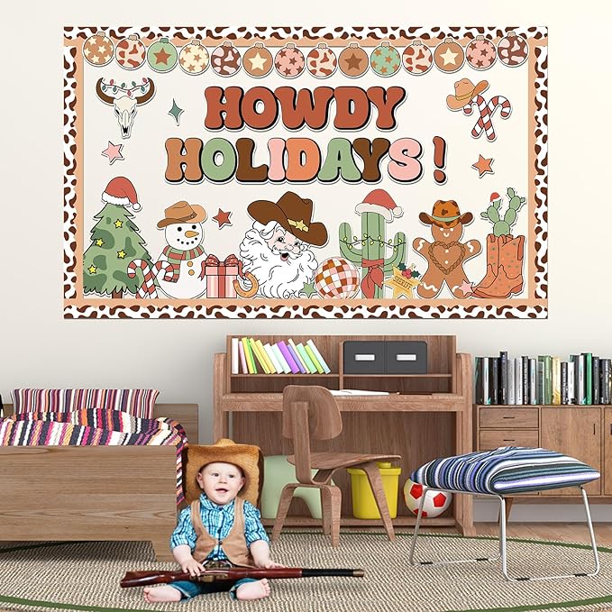 Christmas Western Cowboy Bulletin Board Decoration Set Christmas Theme Cutouts Wild West Classroom Decoration Cowboy Howdy Holidays Classroom Decoration for School Chalkboard Xmas Party Decor