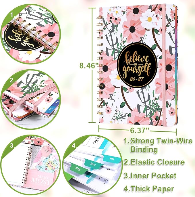 2026-2027 Planner - Weekly & Monthly Planner 2026-2027 with Tabs, 6.4" x 8.5", Jul 2026 - Jun 2027, Hardcover, Strong Binding, Thick Paper, Back Pocket, Elastic Closure, Inspirational Quotes