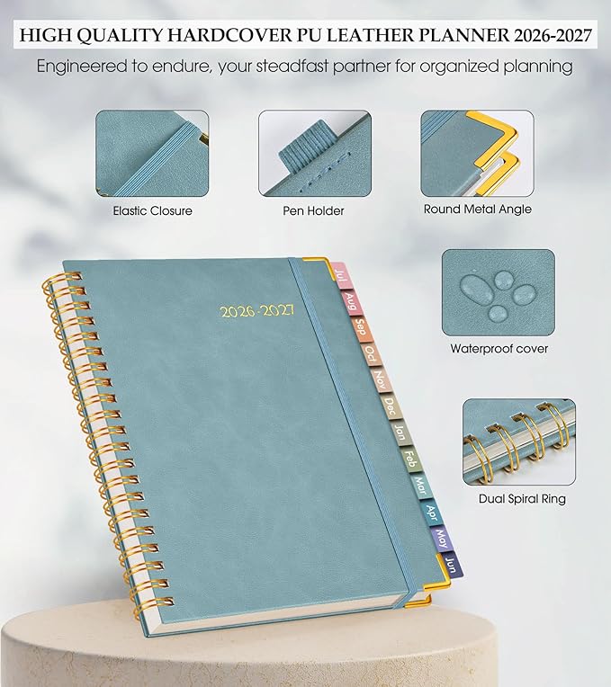 Academic Planner 2026-2027, Hardcover Leather Weekly and Monthly Calendar Planner from July 2026 - June 2027, A5 6.1" x 8.2" Daily Agenda with Tabs, College School Organizer for Student Teacher, Dusty Blue