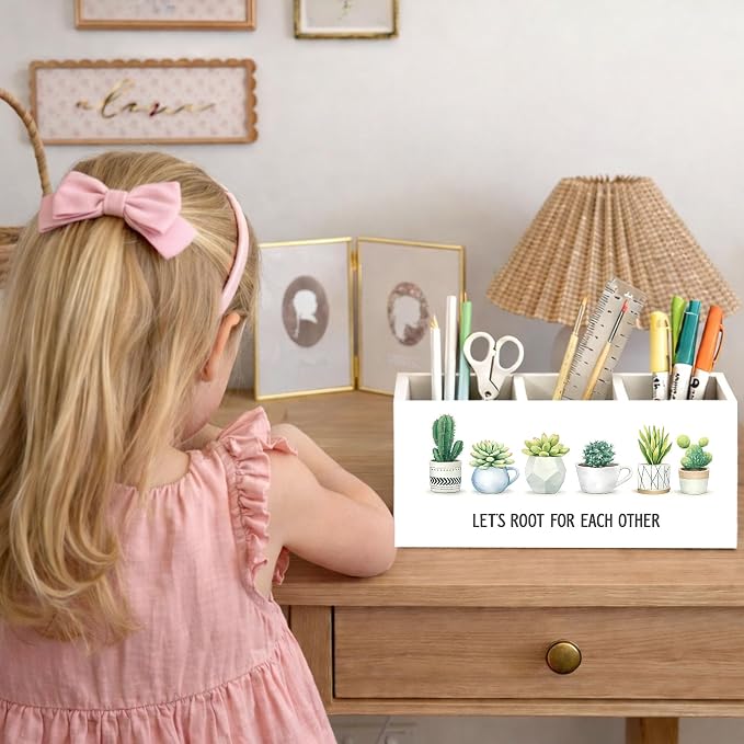 Succulent Desk Organizer Wooden Pen Pencil Holder for Desk, 3 Compartments Office Accessories, Let's Root for Each Other Plant Decor, Cute Succulent Gifts for Women Home Office Storage