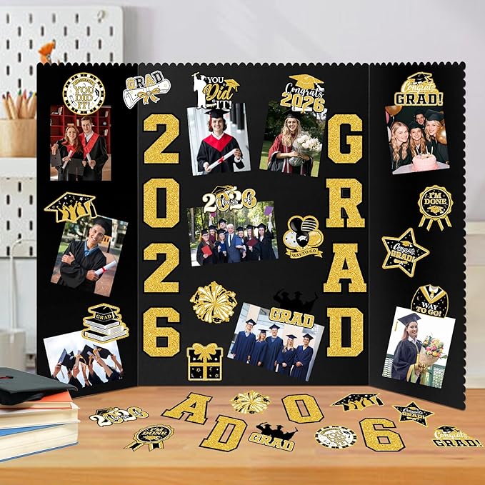 4 Set Graduation Photo Display Board, Class of 2026 Black Gold Trifold Poster Board with Grad Pattern Stickers, Graduation Photo Props Collage for Multiple Pictures Party Decorations, 16x24 Inch