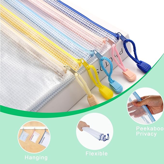 25-Pack Mesh Zipper Pouch Set with 1 Organizer Bag, 5 Sizes (A4 A5 A6 Bill B6) Clear Waterproof File Bags for Classroom Organization, Puzzle Storage & Large Scale Home Sorting (26pcs)