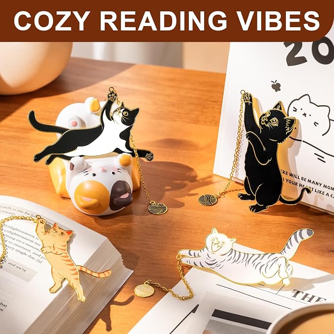 4 Pcs Cat Bookmark Set for Women, Cute Metal Bookmarks with Gold Chain and Round Charm, Book Marks for Reading Women, Book Marker, Bookmarks for Book Lovers