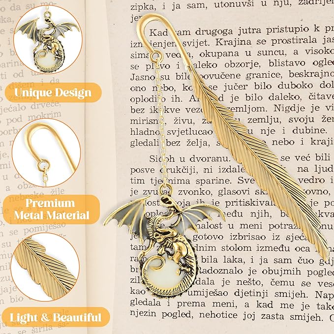Jeffdad Feather Dragon Bookmark - Glow in The Dark Fantasy Bookmark Gifts for Women & Men (Gold Dragon)