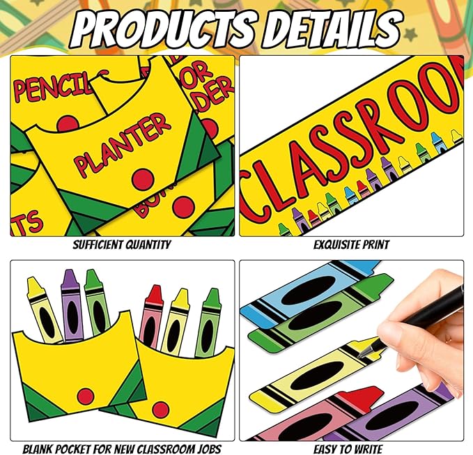 FYSUIMU Crayon Class Jobs Bulletin Board Set Colorful Classroom Jobs Pocket Chart with Name Cards Teacher's Helper Chalkboard Decor for Back to School Teacher Students Supplies, 71Pcs