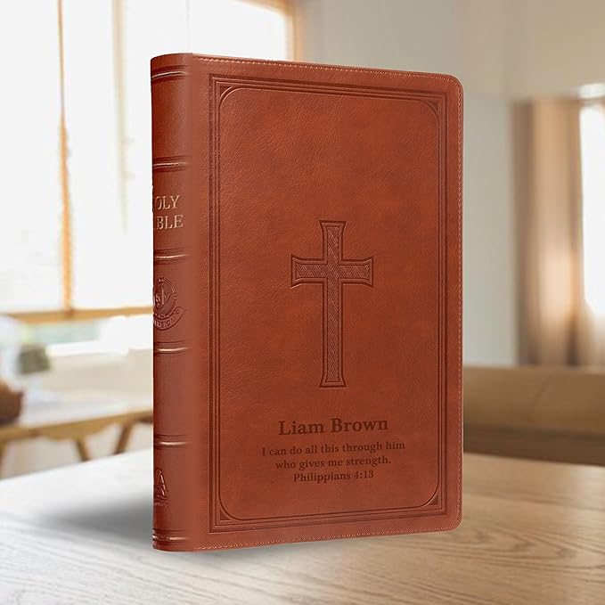 Personalized KJV Large Bible Saddle Brown Faux Leather Super Giant Print Size with Cross Cover Design | Custom with Name, Date or Text | Gift for Christian & Religious Celebrations