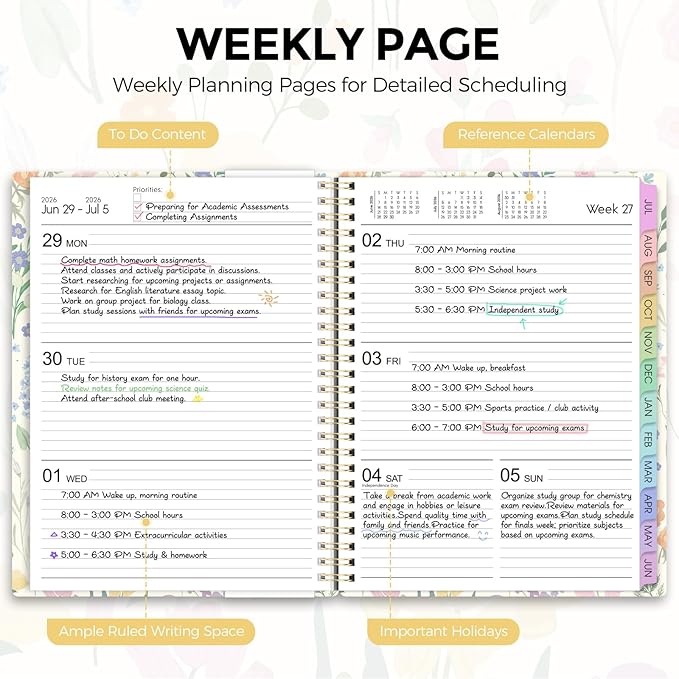 SKYDUE 2026-2027 Monthly and Weekly Academic Planner, July 2026-June 2027, 8.5"x11", Agenda Calendar with Colorful Tabs and Storage Pocket, Ideal for School Office Supplies