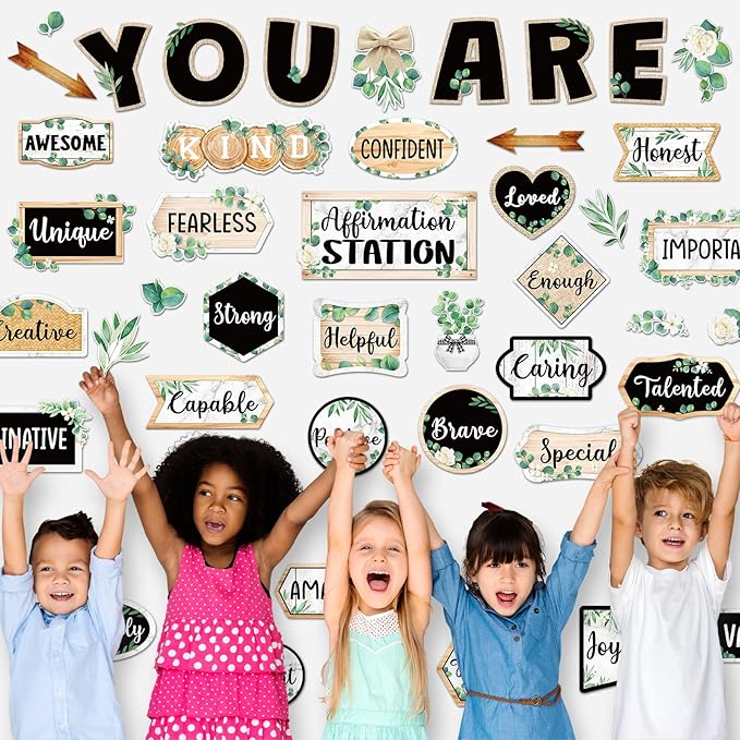 45 Pcs Eucalyptus Affirmation Station Bulletin Board Set Motivational Posters Classroom Mirror Growth Mindset Decor Positive Affirmations Accents Cutouts for School Office Home Teacher Wall