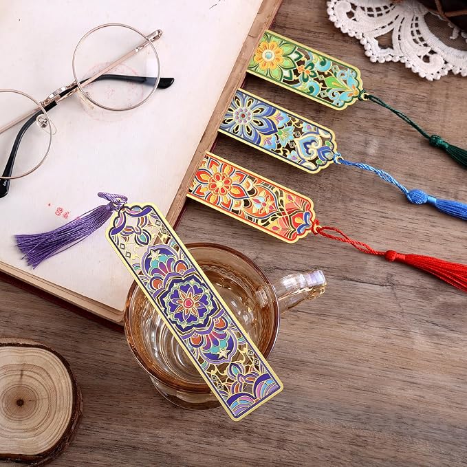 4 PCS Metal Bookmarks with Tassel, Golden Hollow Flower Bookmark Vintage Floral Mandala Theme Book Mark for Women Girls Book Lovers Writers Readers Teens Men