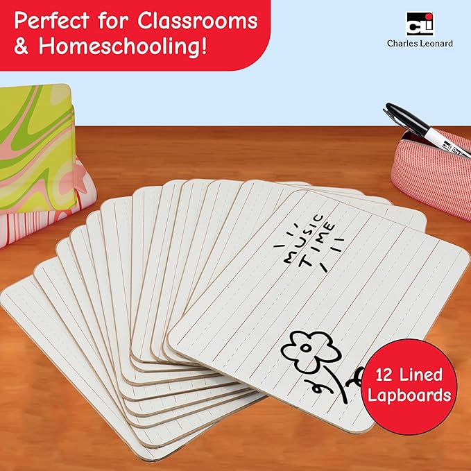Charles Leonard Dry Erase Board Classroom Pack - Mini Lapboard School Supplies – Set of 12 One-Sided Lined Dry Erasable White Boards, 9x12 Inches (35115)