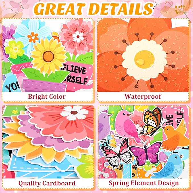 75 Pcs Spring Flower Bulletin Board Decorations Set 3D Flower Flowerpot Cutouts Decor Never Stop Growing Inspirational Bulletin Board Decoration for Classroom School Office Chalkboard Door Party Decor